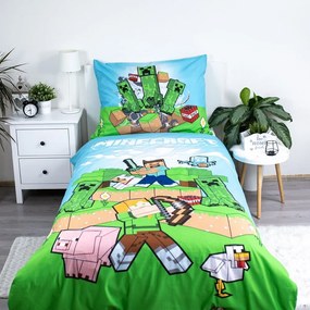 Set copripiumino e federa da bambini verde/blu in cotone per letto singolo 140x200 cm Minecraft "Outdoor Mobs" – Jerry Fabrics