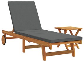 Lettino da sole con ruote, tavolino e cuscino in legno massello di acacia