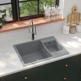 Lavello Da Cucina Doppio Con Foro Troppopieno Grigio İn Granito /