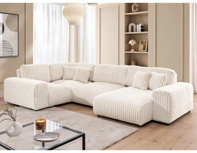 Divano angolare color crema (con penisola a sinistra/a U) rivestito in velluto a coste Justin – Ropez