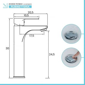 Miscelatore lavabo alto cromato completo di piletta click clack Zoe