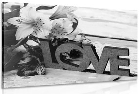 Quadro su tela – Con scritta in legno Love in bianco e nero