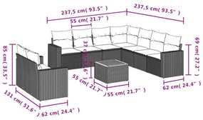 Set divani da giardino 10pz con cuscini in polyrattan nero