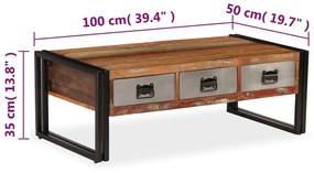 Tavolino da Caffè 3 Cassetti in Massello Recuperato 100x50x35cm