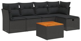 Set divano da giardino 6 pz con cuscini nero in polyrattan