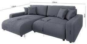 Divano letto angolare in velluto a coste grigio scuro (penisola variabile) Sara - Ropez