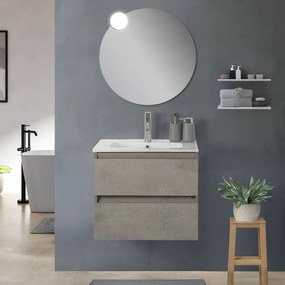 Mobile bagno sospeso 60cm in legno grigio cemento 2 cassettoni con lavabo e specchio Leda