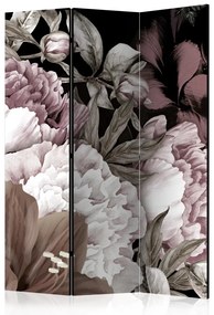 Paravento design Sogno felice (3-parti) - fiori colorati su sfondo nero contrastante