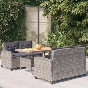 Set da pranzo da giardino 3 pz con cuscini grigio in polyrattan