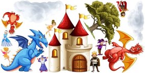 Adesivo murale per bambini draghi nel castello 100 x 200 cm