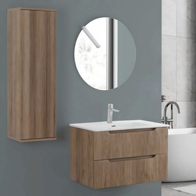 Mobile Bagno Sospeso Cannettato 80 Cm Due Cassetti Specchio Tondo a Filo Diametro 80 Cm Feridras "Kannè" Rovere Riviera