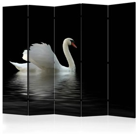 Paravento Cigno (bianco e nero) II (5-parti) - uccello bianco su sfondo nero