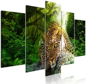 Quadro  Leopard Lying (5 Parts) Wide Green  Colore Grigio, Dimensioni e Misure 100x50