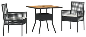 Set da pranzo da giardino  3 pezzi con cuscini nero polyrattan