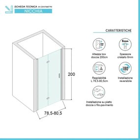 Porta doccia nicchia 80 cm a soffietto con vetro in cristallo trasparente Ted