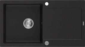 Mexen Leo lavello in granito a 1 vasca con sgocciolatoio 900 x 500 mm, nero, sifone cromato - 6501901010-77