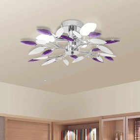 Lampada Soffitto Foglie Bianco E Viola Cristallo Acrilico 3xe14 /