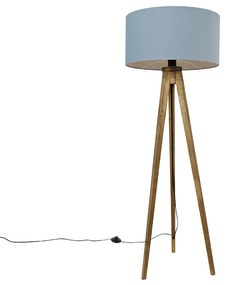Lampada da terra a treppiede rustica in legno vintage con paralume azzurro 50 cm - Tripod Classic