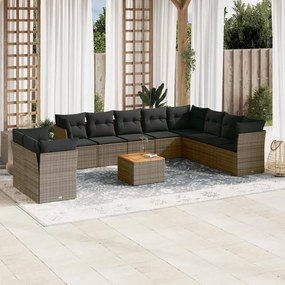 Set divani da giardino 11 pz con cuscini in polyrattan grigio