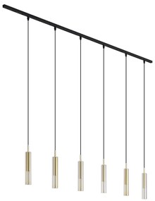 Sistema di illuminazione a binario moderno nero con 6 luci a sospensione oro con vetro ambrato monofase - Slimline Loyce