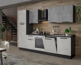 Cucina montata Dora bianco e grigio chiaro, lavello a destra, L.300 cm, completa di: cappa a camino, piano cottura a induzione, forno, lavastoviglie e frigorifero