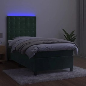 Letto a molle con materasso e led verde scuro 90x190 cm velluto