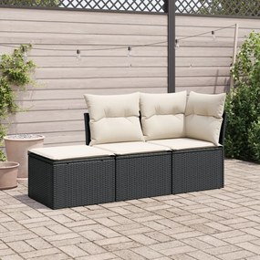 Set divani da giardino 3 pz con cuscini in polyrattan nero