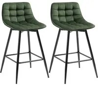 Set 2 Sgabelli da Bar con Schienale e Poggiapiedi 45x47x88 cm in Metallo e Velluto Verde