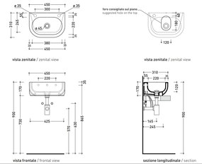 Flaminia PASS PS31LM Lavabo cm 45x31 da appoggio o sospeso con piano rubinetteria e troppopieno in ceramica bianco