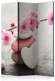 Paravento Fiori Zen - pietre colorate e piante rosa su tavolo di legno