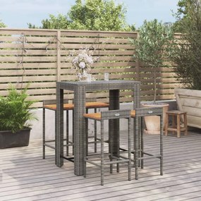 Set bar giardino 5pz grigio polyrattan e legno massello acacia