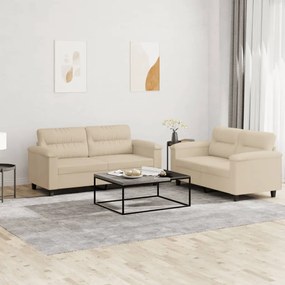 Set divani 2 pz con cuscini crema in tessuto microfibra