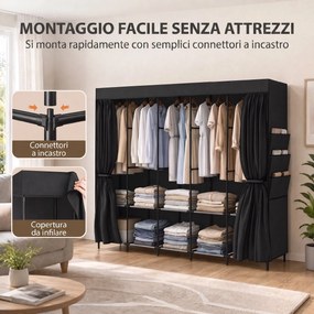 Armadio Salvaspazio 212x45x167 cm con 5 Aste 5 Ripiani 6 Tasche Laterali Ante Antipolvere con Zip in Tessuto Nero...