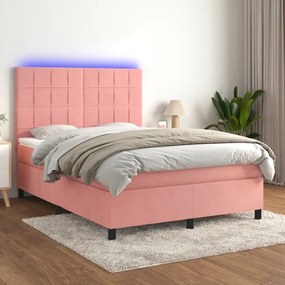 Letto A Molle Con Materasso E Led Rosa 140x200 Cm İn Velluto /