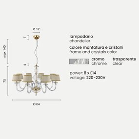 Lampada a sospensione BACH senza paralume in vetro trasparente 8 LUCI D84 cm CROMO