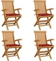 Sedie da Giardino con Cuscini Rossi 4 pz Massello di Teak 3065623