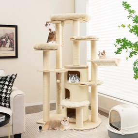 Costway Albero per gatti multi-livello con nicchia a 3 piani 2 cucce tiragraffi, Torre per gatti in legno da interno 2 Colori