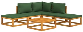 Set salotto da giardino 6pz con cuscini verdi in legno massello