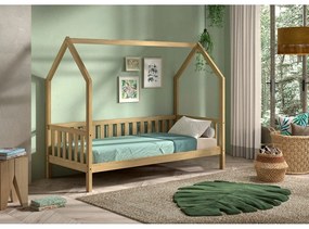 Letto da bambini a forma di casa di colore naturale in rovere massiccio con rete inclusa 90x200 cm Cabane – Vipack