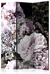 Paravento design Giardino vintage (3-parti) - fiori e foglie rosa su sfondo nero