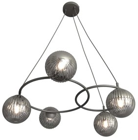 Lampadario 5 Luci Eolo A Cerchi E Diffusori In Vetro Rigato Fumè