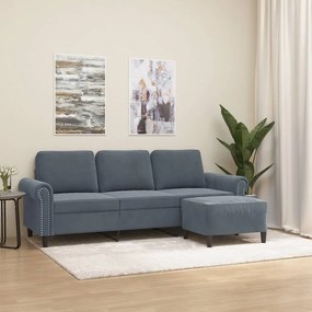 Divano A 3 Posti Con Poggiapiedi Grigio Scuro 180 Cm İn Velluto /