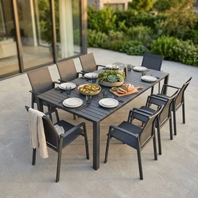 ARIZONA - set tavolo in alluminio cm 100 x 51,50/104/156/208/260 x 74 h con 8 poltrone Lotus