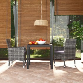 Set da pranzo per giardino 3 pz con cuscini polyrattan grigio