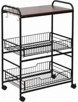 Easycomfort Carrello da Cucina Portavivande Stile Industriale con 4 Ruote, 2 Cestini e 4 Ganci, 60x38x85.5cm, Marrone Nero