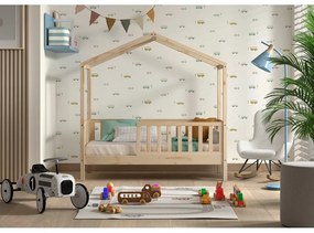 Letto da bambini a forma di casa di colore naturale in pino massiccio con rete inclusa 70x140 cm DALLAS – Vipack
