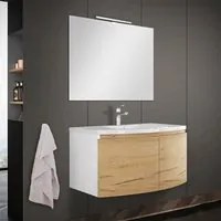 Mobile bagno sospeso curvo 80 cm rovere oro con lavabo e specchio