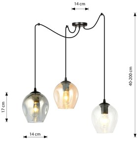 Sospensione 3 Luci Parsifal In Acciaio Nero E Vetro Multicolor Con Cavi Lunghi