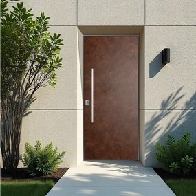 Porta blindata YALE Corten L 80 x H 210 cm in alluminio ruggine/noce, apertura spingere a destra, falso telaio incluso