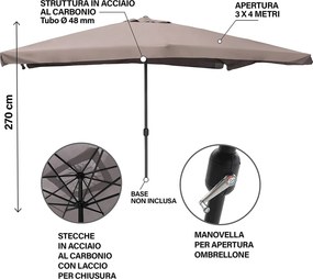 Ombrellone da Giardino 3x4 m Copertura in Poliestere Struttura in Acciaio Tortora Cuba...